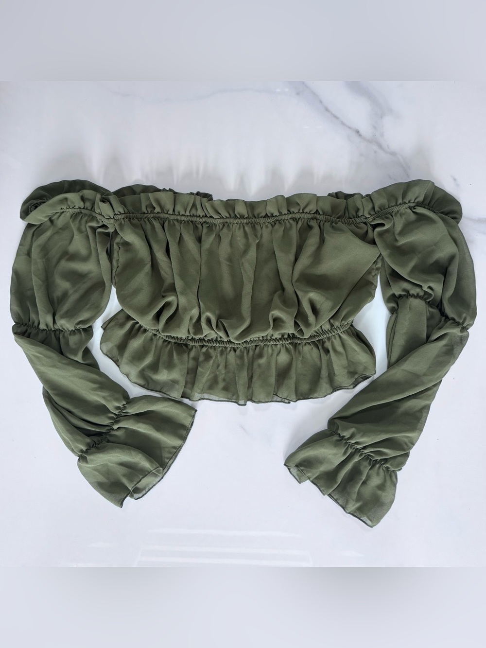 PrettyLittleThing Chiffon Bardot Frill Detail Long Sleeve Top Green Plus Size 16